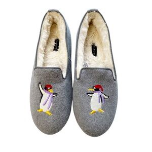 Talbots Gray Embroidered Penguin Brushed Flannel Slippers Size 8